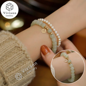 Viviann Original  Hetian Jade 14K Gold Auspicious Bracelet Luxury Good Luck crystal Quartz Streche Bracelet Elastic Cord Jewelry Beads Lovers woman Gift Charm Bracelets For Women Bangle