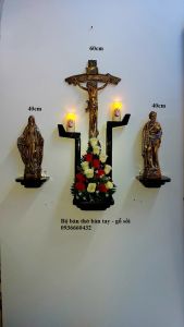 BỘ BÀN THỜ KIỂU DÁNG BÀN TAY - CHẤT LIỆU GỖ SỒI ĐỂ TƯỢNG CAO 40CM HOẶC 50CM TƯỢNG NHỰA COMPOSITE