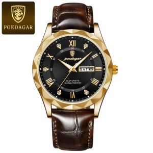 POEDAGAR Business Watch for Mens Original Waterproof Luminous Date Week Men Watch Fashion Leather Strap