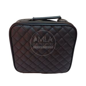 Black quilted cosmetic bag with handle and zipper