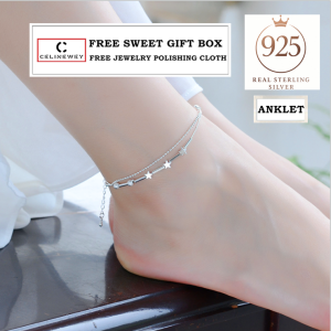 Celinewey 925 Silver Jewelry Anklet Women Double Chain Lucky Star Birthday Gift 81A Gelang Kaki