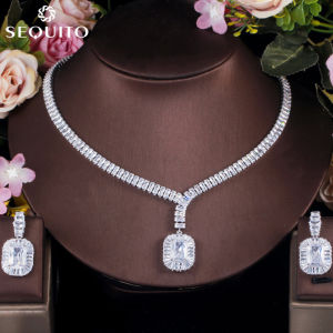 SEQUITO Classic Cubic Zircon Square Charm Choker Necklace Earrings for Bridal High Quality White Gold Plated Jewelry Set SJ178