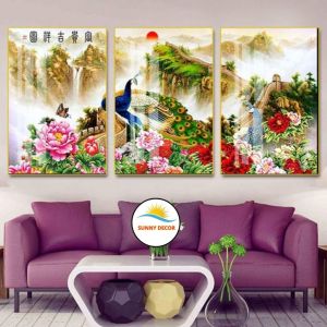 Bộ 3 Tranh Treo Phòng Khách Song Công Tráng Gương - Decor phong thuỷ ý nghĩa Mang May Mắn Phát Tài Cho Gia Chủ