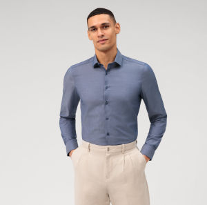 OLYMP  Level Five Shirt เสื้อเชิ้ตชาย สีกรมท่าผ้าเท็กเจอร์ไดมอนด์  ทรงพอดีตัว ยืดหยุ่นได้ดี รีดง่าย(SUMMER24) SUMM24 เสื้อทำงาน  เสื้อเชิ้ตทำงาน