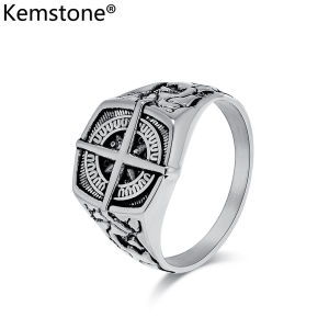 Kemstone Pirate Navigation Compass Stainless Steel Ring for Mens Rings Black Silver Gold Plated Jewelry