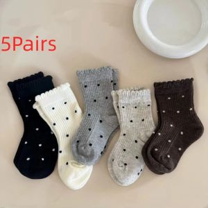 DOWNA 5Pairs/set Cổ tay áo rộng Tất cổ ngắn đến giữa bắp chân Bông mềm mại Thiết kế diềm xếp nếp Tất cổ rộng có diềm xếp ly Thời trang Cân nặng mùa thu đông Tất chấm bi Dành cho trẻ biết đi