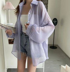 YOLO Summer Thin Perspective Pearl Chiffon Sunscreen Shirt Coat for Womens New Fashionable Lightweight Blouse for Women