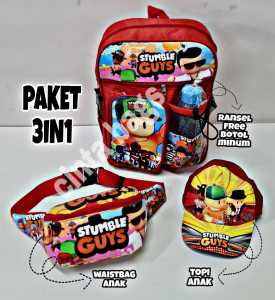 Tas Stumble Guys Paket 3in1 Anak Laki Laki Perempuan Sekolah TK SD Terbaru Karakter Gaming Game Skin Elit Ngaji Gendong Fashion ank2 laki2 Kekinian 2022 COD Murah Bonus Botol Minum