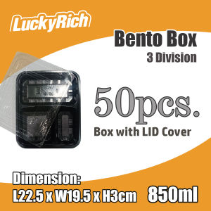 LuckyRich - Bento Box 3div 850ml 50pcs Plastic Food Container with lid cover