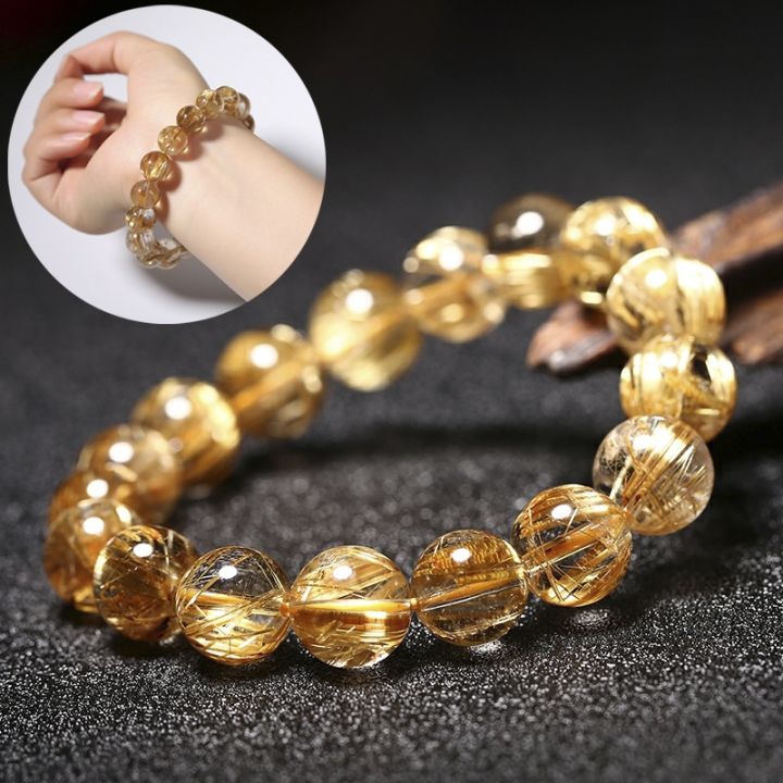 Natural Brazilian Titanium Rutilated Crystal Bead Bracelet Citrine