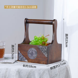 ตะกร้าไม้สักวางบนโต๊ะ กระเช้าสำหรับห้องครัว ห้องน้ำ จัดเก็บเครื่องสำอางค์ของเล็กๆ ใช้นิเกิลลายช้างตกแต่งลวดลายพื้นบ้าน สีโอ๊ค