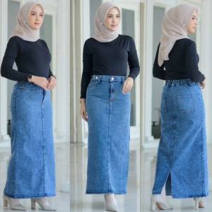 Rok Span Jeans Jumbo Rok Lepis Wanita Melar Fika Rok Panjang Denim Polos Terbaru