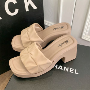 [Free Shipping] WomenS Pleated High-Heeled Slippers New Summer Style Thick-Soled Casual Fashionable And Slip-On Sandals