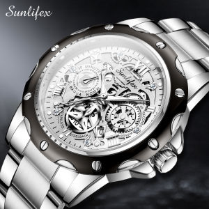 Sunlifex Jam Tangan Pria Kuarsa Luminous Tanggal Kasual Tali Stainless Steel Jam Tangan Cowok 8080
