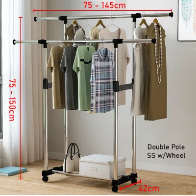 (Local STOCK) Adjustable Single & Double Pole Clothes Rack Stand Drying Rack Clothing Portable Hanging with Wheels