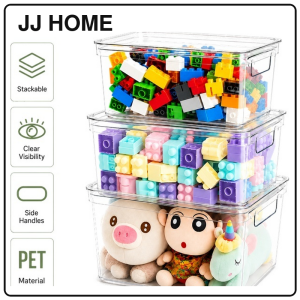 【JJ HOME】 Clear Toy Storage Box with Lid Stackable Dustproof Organizer for Building Blocks Plush Toys Books Snacks