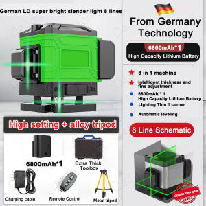 16/12 Line Laser Level 5D Green Light with Tripod Auto Leveling 360° Rotating LED Display Rotary Indoor Outdoor for Construction Tools