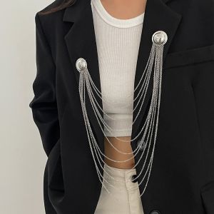DEER Long Multi Layer Metal Tassel Brooch Pearl Geometric Tie Collar Exquisite Vintage Pins Clip Suit Accessories