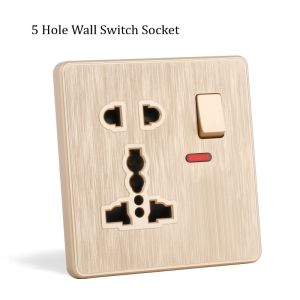 Universal Wall Socket With Switch Gold PC Flame Retardant Plastic Panel 13A 250V Standard Power Outlet for wall 86 Type 5 Holes Socket 2.1A Dual USB with mounted box set