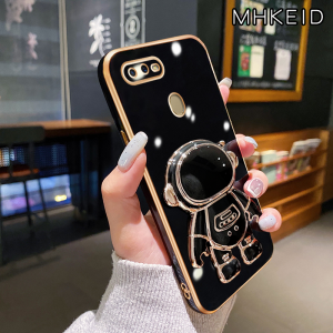 MHKEID Casing Ponsel untuk OPPO A12 A12s A7 A5s A11K A5 A3s A12E Realme C1 Case kartun astronot lipat dudukan telepon kreatif Casing ponsel penuh penutup lensa HP pelindung Softcase silikon lembut Kesing