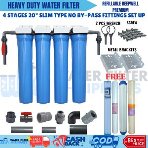 Water Filtration System 4 Stages 20" Slim Type Refillable Deepwell Premium Set Up Complete Set With Gray UPVC Fittings