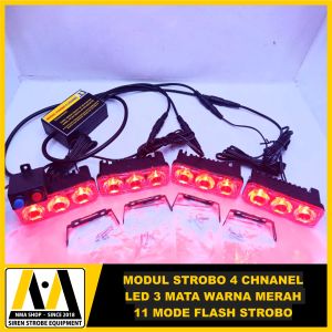 strobo 3 mata led merah 4 channel 11 mode nyala kedip
