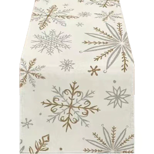 Seasonal Winter Table Runner Tablecloth Featuring Snowflake Designing in White and Gold for Holiday