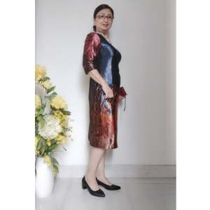 [HCM]Váy Đầm Trung Niên Nhung Hoa Co Giãn - Dáng Suông Tay Lửng - Size 48kg - 90kg - Có Dây Kéo 2 Túi