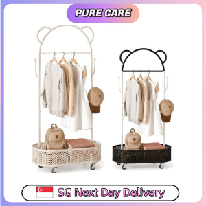 【Pure Care】 Mobile Bear Ear Clothes Rack with Storage Basket Brake Casters Kids Adult