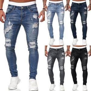HOPEU Fashion Ripped Washed Men Jeans Skinny Slim Fit Elastic Denim Jogger Pants for Men Straight Frayed Stretch Trousers Mens Casual Pants