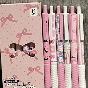6pcs/set Pink Bowknot Gel Pens ST Quick Drying 0.5mm Black Ink Neutral Pens Smooth Writing Roller Ball Pens Students Stationery School Office Supplies