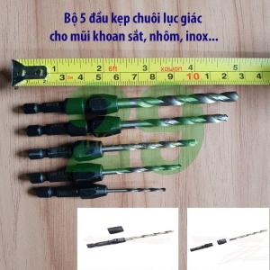 Bộ 5 đầu kẹp chuôi lục giác cho mũi khoan sắt nhôm inox...
