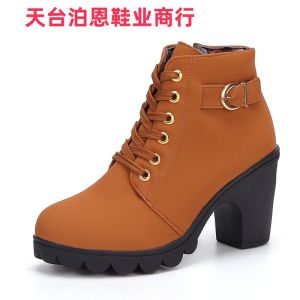 [Free Shipping] Fashionable Spring And Autumn New Arrivals In Stock Now: High-Heeled Women’S Shoes Round-Toe Available In Large Sizes With Laces