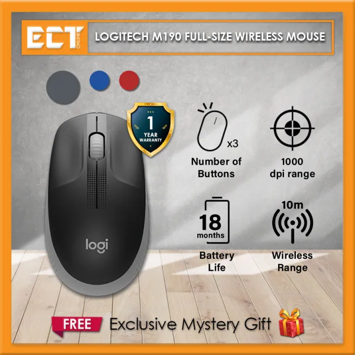 Logitech M190 | M191 Full-Size Wireless Mouse (Charcoal, Blue, Red)