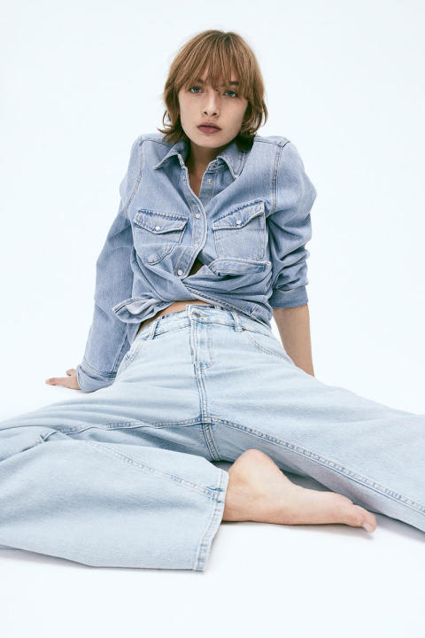 H&M Wide High Jeans Denim Full Length Pants Cotton Blue Dusty