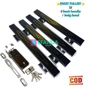 paket 4 buah gagang pintu dan lock body kunci untuk pintu depan model kupu tarung daun pintu 2