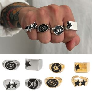 COVIEEZB 4pcs Irregular Design Geometric Open End Rings Black Five-Pointed Star Bold Design Stainless Steel Rings Finger Rings Sets Wide Opening Punk Couple Rings Fashion