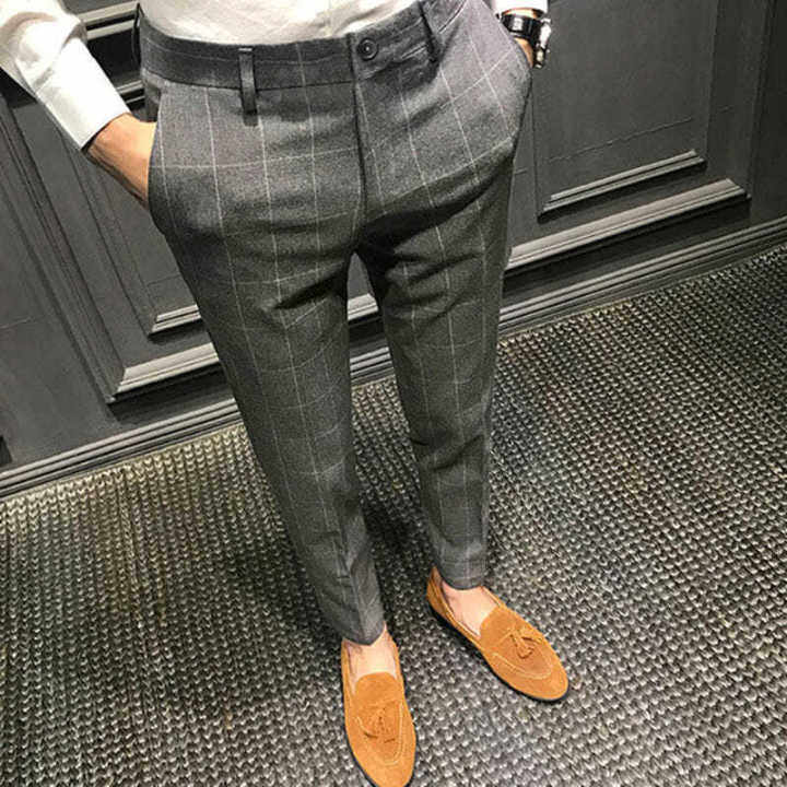 Men's Plaid Suit Pants Korean Slacks Straight Ankle Pants Formal Attire ...