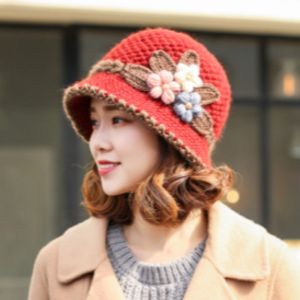 WATER Warm Knitted Bucket Hat Windproof Plush Yarn Cloche Hat Vintage Foldable Floral Crochet Hat Autumn