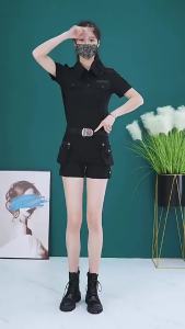 Áo Thun Ngắn Tay Họa Tiết Rằn Ri Quần Short Denim Phong Cách Quân Đội Cho Nữ#X0604