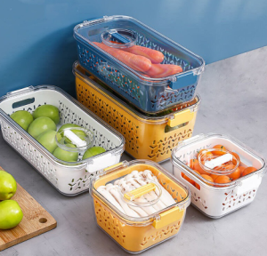 Hộp đựng thực phẩm để tủ lạnh 2 lớp có lỗ thoáng có khóa thoát khí thước báo thời gian bảo quản