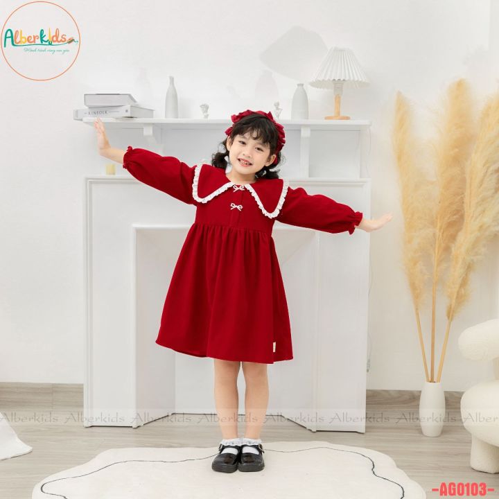 Váy bé gái ALBERKIDS thu đông đỏ CỔ VUÔNG REN TRẮNG dài tay công chúa cho  trẻ em 2,3,4,5,6,7,8,9,10,11,12 tuổi [AG0103] | Lazada.vn