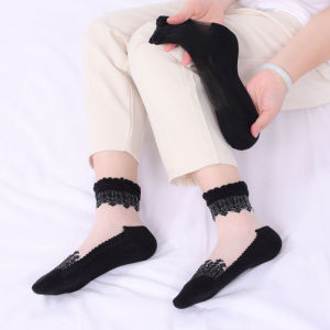Non Slip Bottom Splice Lace Socks Women Transparent Silk Cotton Ankle Short Sox Elastic Ultrathin Mesh Female