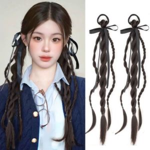 BELLEMODE 2Pcs สไตล์บัลเลต์ ผมหางม้าผูกโบว์สีดำ มวยถักเปีย ผมหางม้าคู่ วิกผมหางม้า อุปกรณ์เสริมผม อ่อนโยนอ่อนโยน วิกผมถักเกลียว สำหรับผู้หญิง