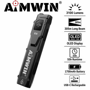 AIMWIN EI6 3100 Lumens OLED Tactical Flashlight USB-C Rechargeable LED Torch Ultra Slim EDC Pocket Light 305m Long Beam IP54 Water Resistant Dual Tail Switch Outdoor Camping Hiking Emergency Search Work Light for Car Home Travel