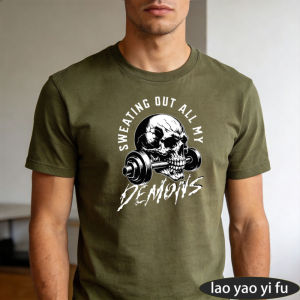 [Local Stock] HBESTY  Vintage Skull Dumbbell Print T Shirt Men Sweating Out Demons Inspirational Gym Slogan Minimal Fashion All Match Street Tops