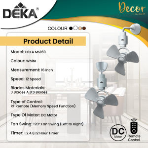 DEKA Fan DEKA MS160 16 Inch Wall & Ceiling Fan 3 Blades 12 Speed DC Motor With Remote Control Corner Fan Kipas Siling