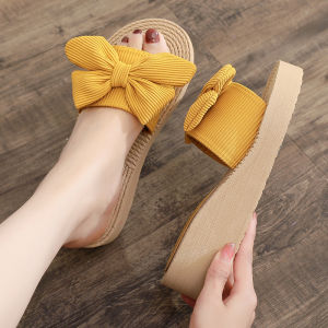 [Free Shipping] New Summer Collection: Simple Bow-Knot Slip-On Sandals For Women Featuring A Wedge Heel Thick Sole And Versatile Design Perfect For Casual Wear And Beach Outings