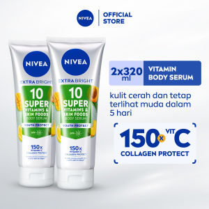 NIVEA Body Serum Extra Bright 10 Super Vitamins Youth Protect SPF15 2x320ml - Hand body serum lotion moisturizer mencerahkan kulit mengencangkan kulit kendur melembabkan anti aging penuaan dini - 150x Vitamin C Collagen antioksidan