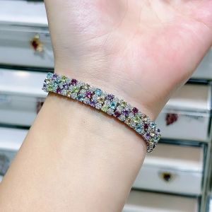 Natural Multi Color Gem Bracelet S925 Silver Pave Mixed Stones Wide Band Wedding Party Jewelry